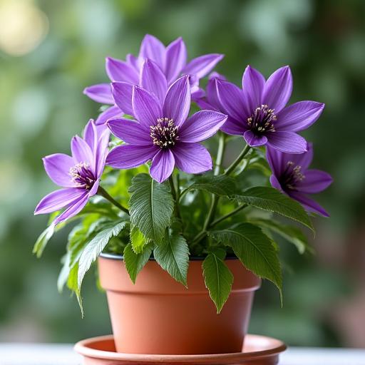A potted clematis (tessen) with vibrant purple flowers.