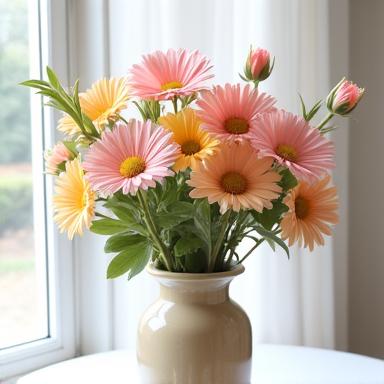 A fresh flower arrangement in a ceramic vase.