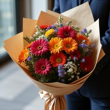 A bespoke bouquet wrapped in craft paper.