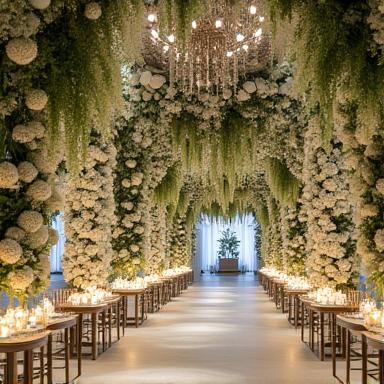 A wedding venue decorated with elaborate floral decorations.
