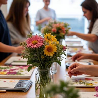People participating in a floral art workshop.