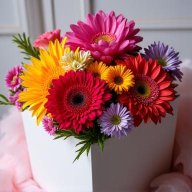 A flower gift box with mixed seasonal blooms.