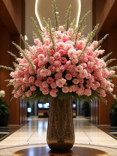 A large, dramatic floral arrangement for a hotel lobby.