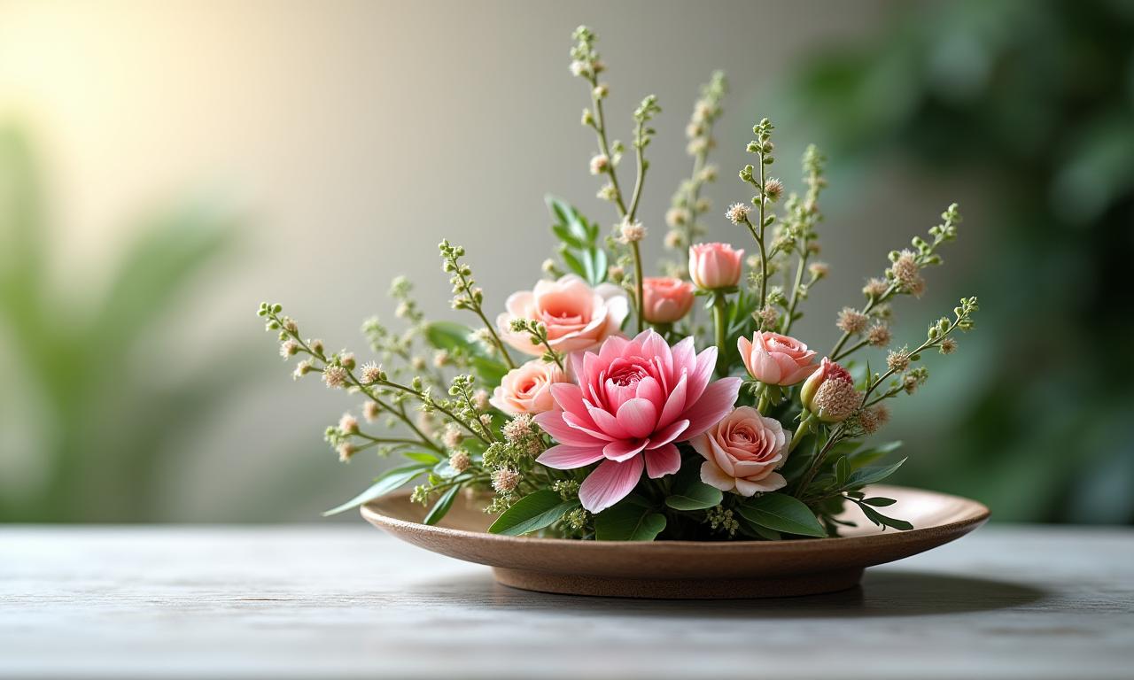 An elegant ikebana flower arrangement with soft, natural light.
