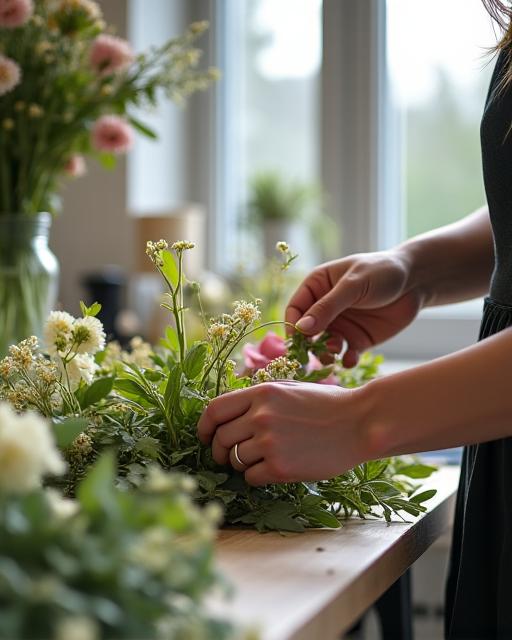 Florist carefully arranging flowers in the Shiki Hana studio.